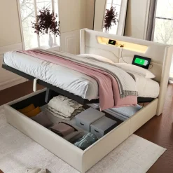 Collahause Gestoffeerd Bed Met Led En Usb-lading-grijs Linnen-160x200cm-opbergruimte Lattenbodem