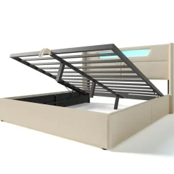 Collahause Gestoffeerd Bed Met Led En Usb-lading-grijs Linnen-160x200cm-opbergruimte Lattenbodem