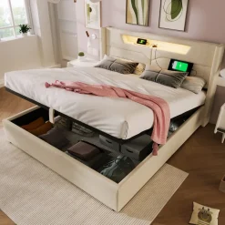 Collahause Gestoffeerd Bed Met Led En Usb-lading-grijs Linnen-160x200cm-opbergruimte Lattenbodem