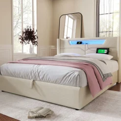 Collahause Gestoffeerd Bed Met Led En Usb-lading-grijs Linnen-160x200cm-opbergruimte Lattenbodem