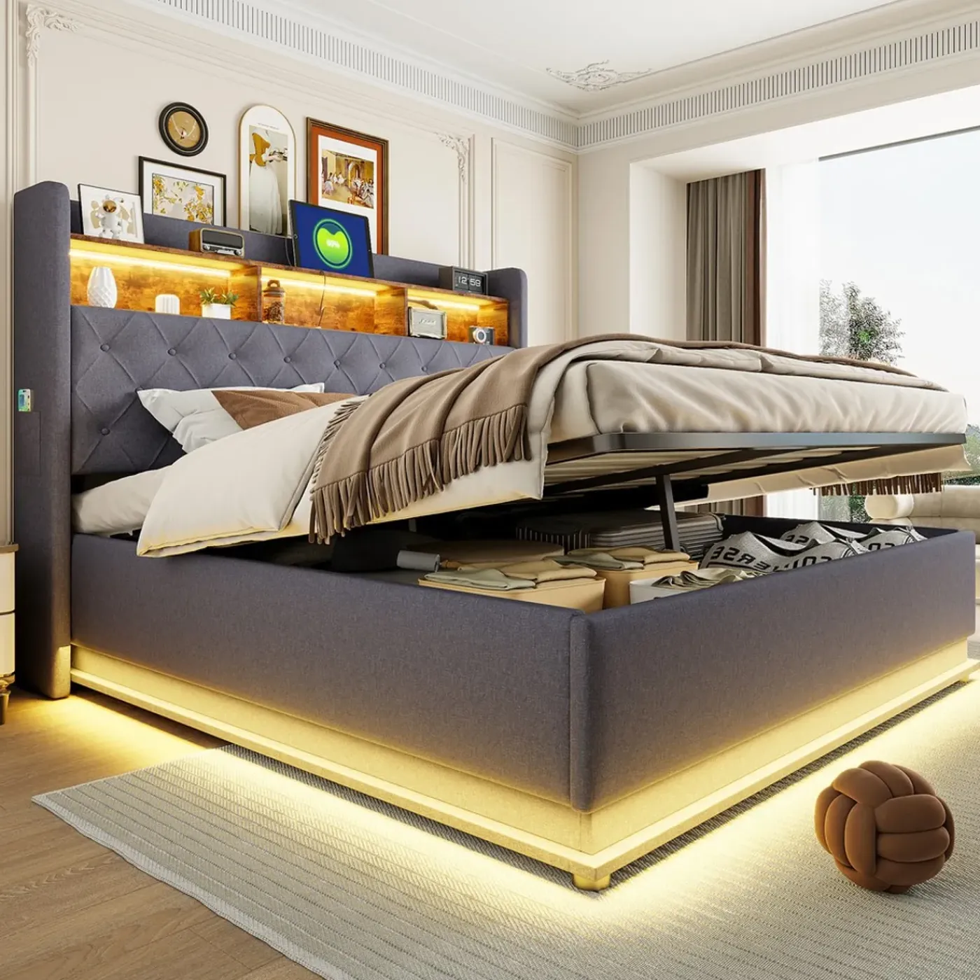 CollaHausse Collahause Gestoffeerd Opbergbed-grijs-180x200 Cm-met Opbergruimte Usb Aansluiting Led Verlichting