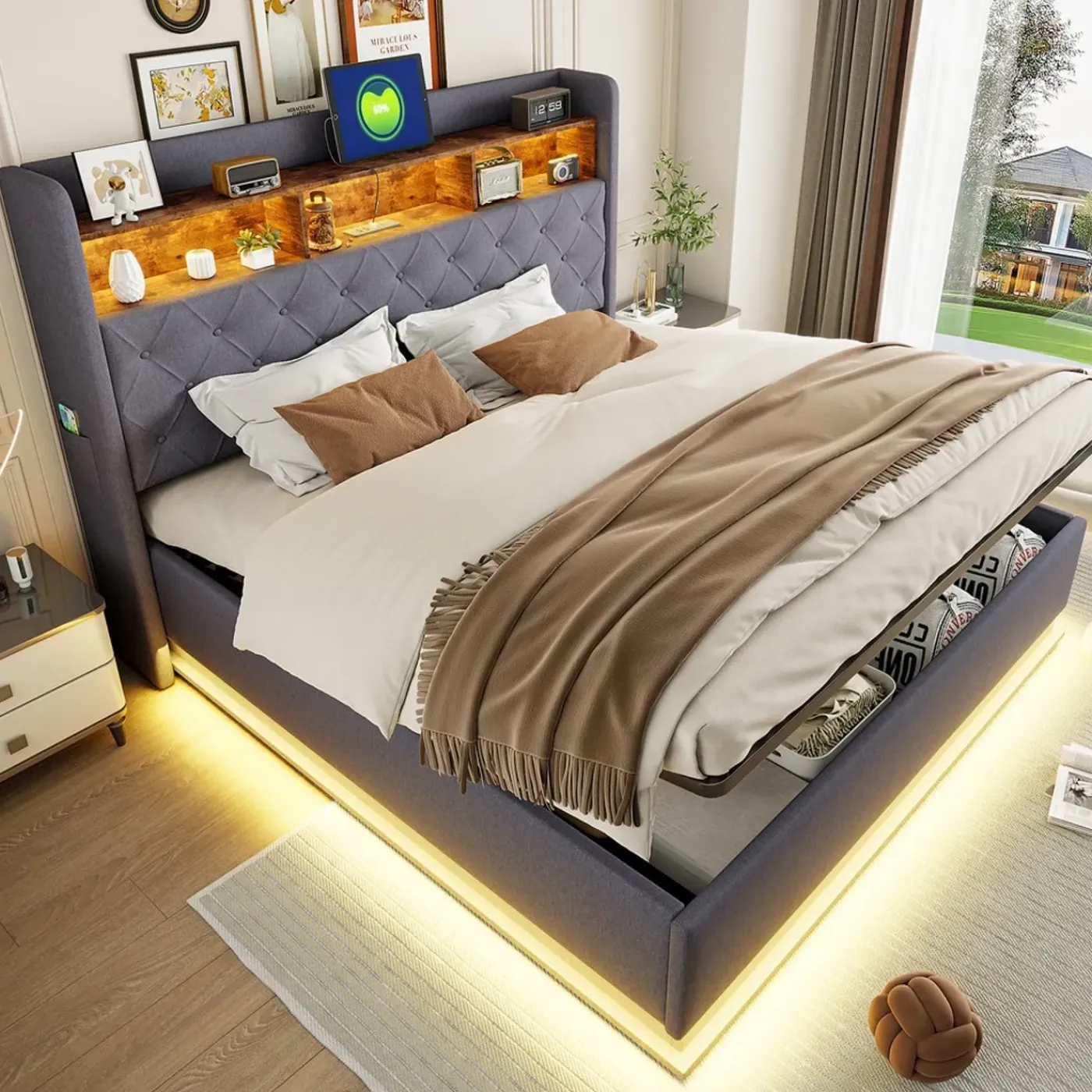 CollaHausse Collahause Gestoffeerd Opbergbed-grijs-180x200 Cm-met Opbergruimte Usb Aansluiting Led Verlichting