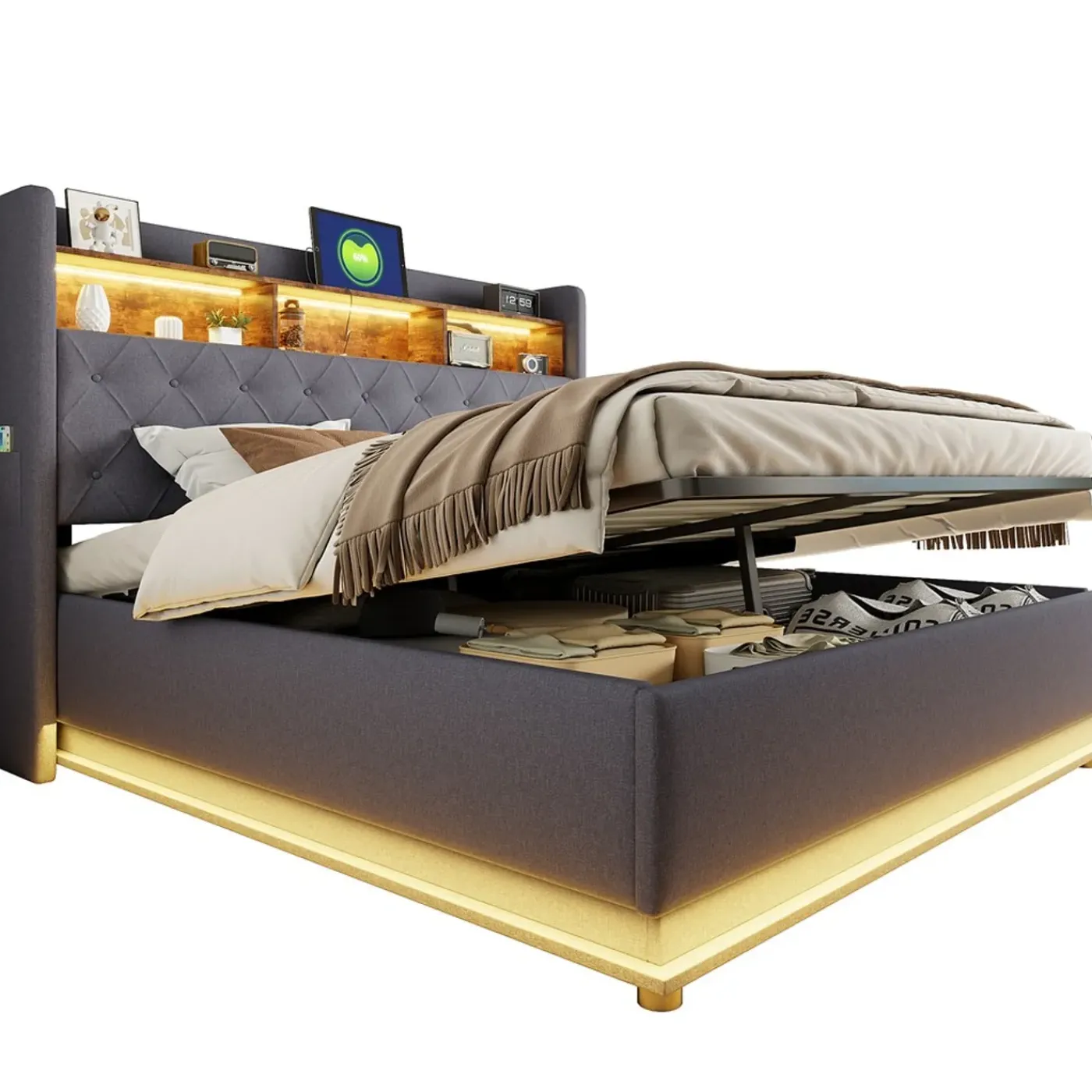 CollaHausse Collahause Gestoffeerd Opbergbed-grijs-180x200 Cm-met Opbergruimte Usb Aansluiting Led Verlichting