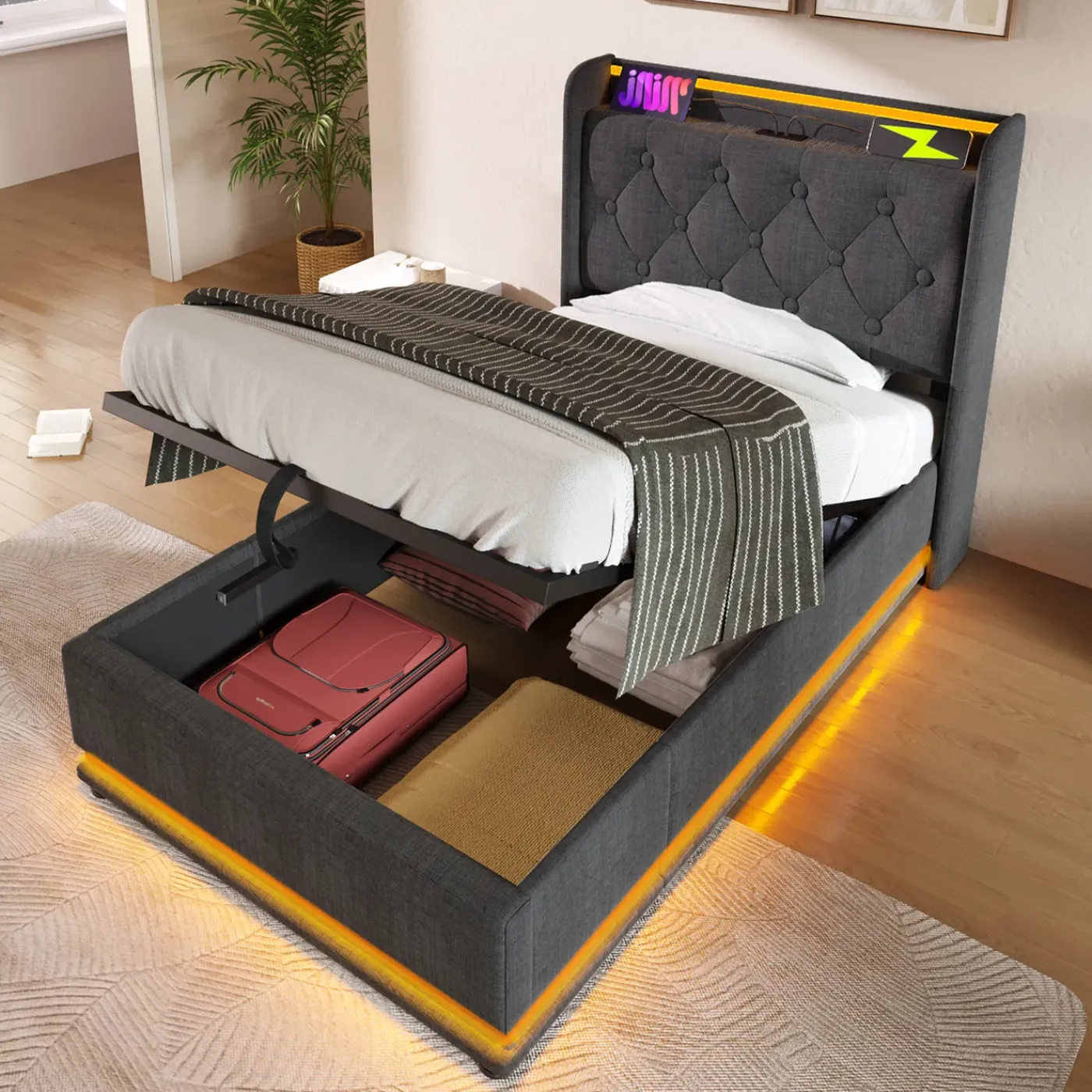 CollaHausse Eenpersoonsbed-grijs-90x200 Cm-stevig Opbergruimte Design Bedframe Hoofdbord
