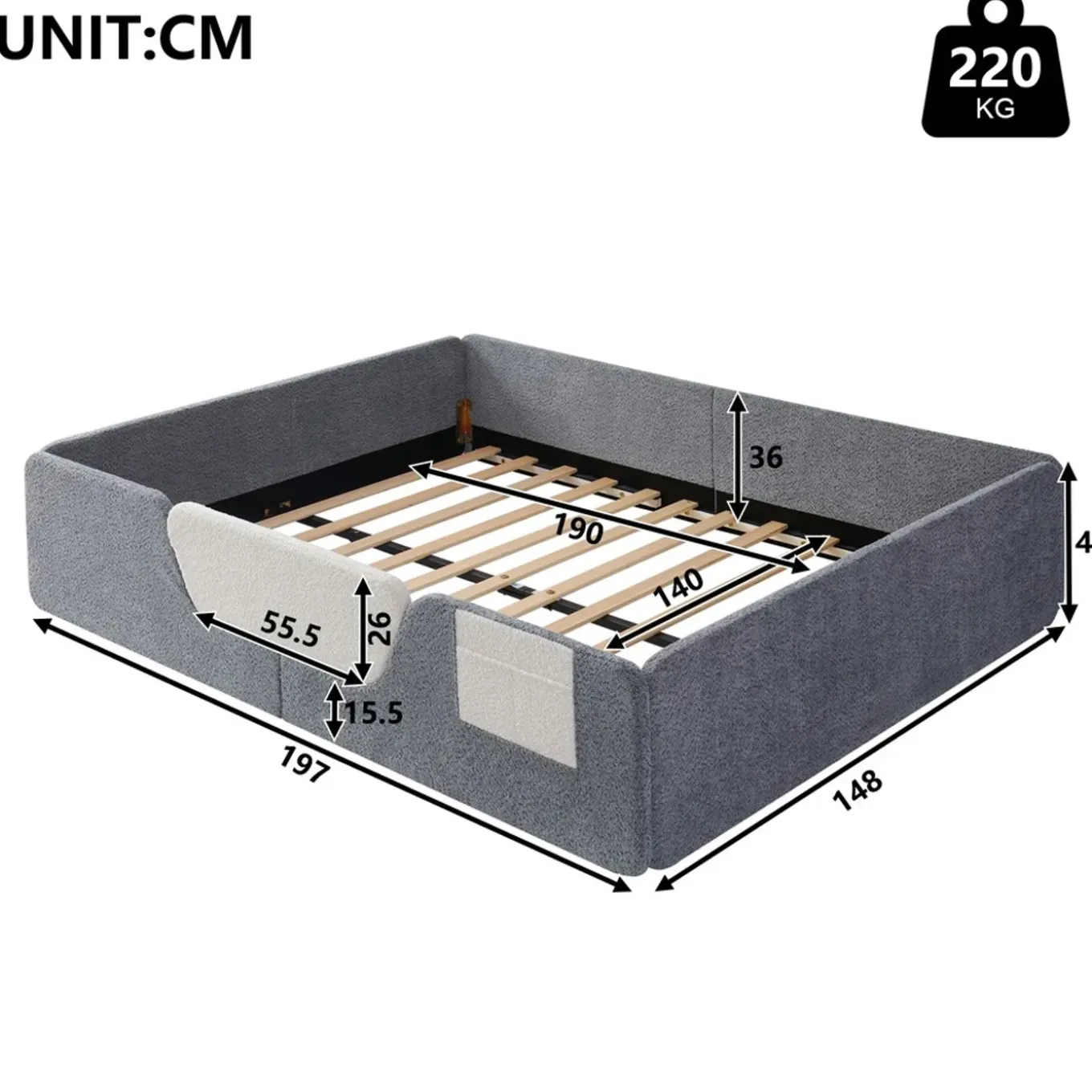 Collahausse Gestoffeerd Bed-grijs-140x190 Cm-opbergruimte Stevig