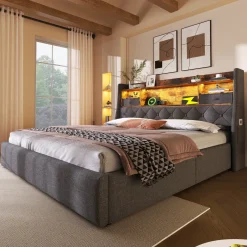 CollaHausse Gestoffeerd Bed-grijs Linnen-140x200cm-met Matras Lattenbodem Opbergruimte