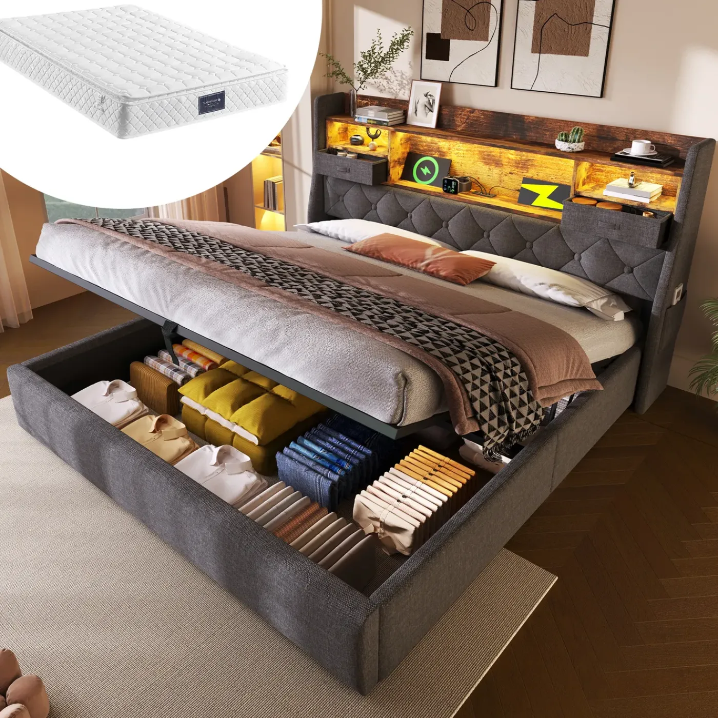 CollaHausse Gestoffeerd Bed-grijs Linnen-140x200cm-met Matras Lattenbodem Opbergruimte