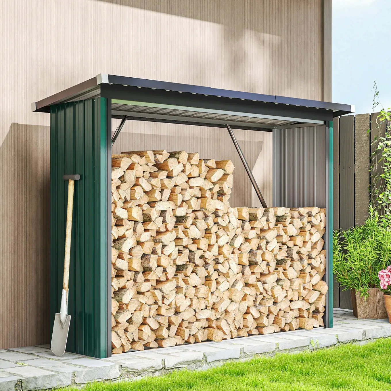 Collahausse Houtopslag - Gegalvaniseerd Staal Groen - 213x66,5x150 Cm - Verhoogde Basis Hellend Dak