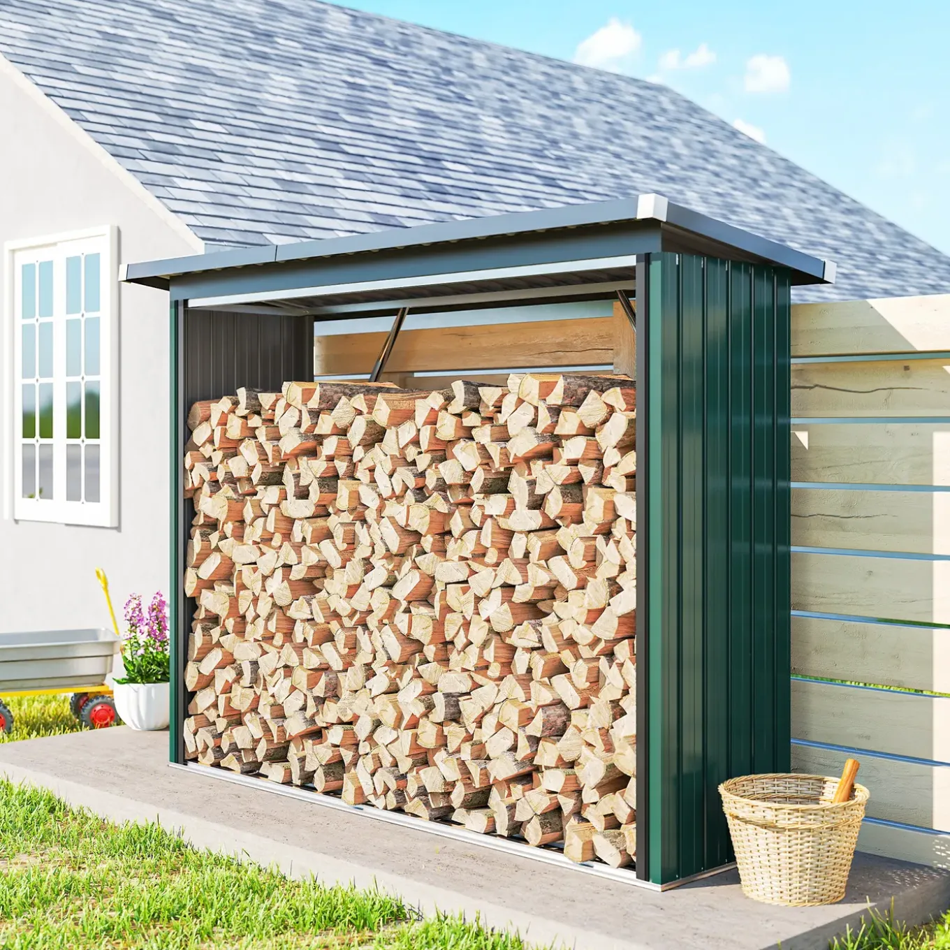 Collahausse Houtopslag - Gegalvaniseerd Staal Groen - 213x66,5x150 Cm - Verhoogde Basis Hellend Dak
