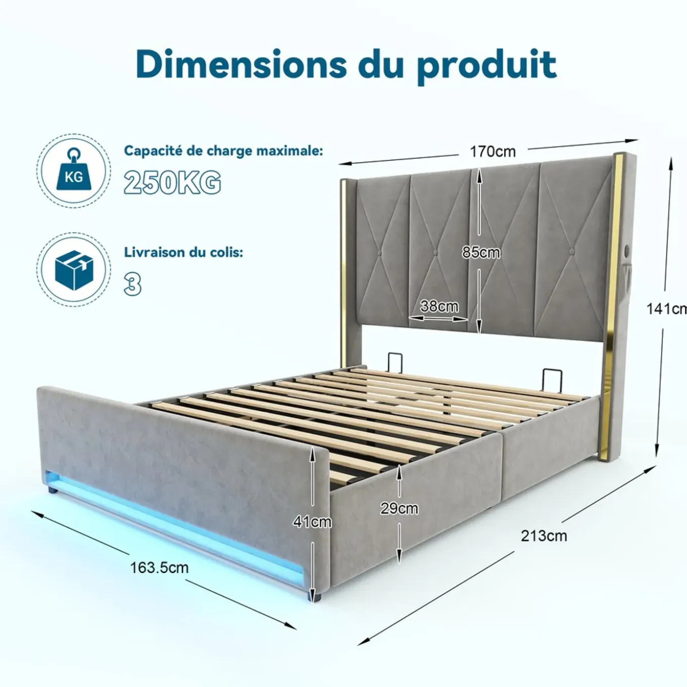 Collahausse Opbergbed-velours Grijs-160x200cm-stevig Opbergruimte Hoofdbord Design