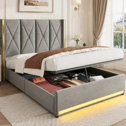 Collahausse Opbergbed-velours Grijs-160x200cm-stevig Opbergruimte Hoofdbord Design