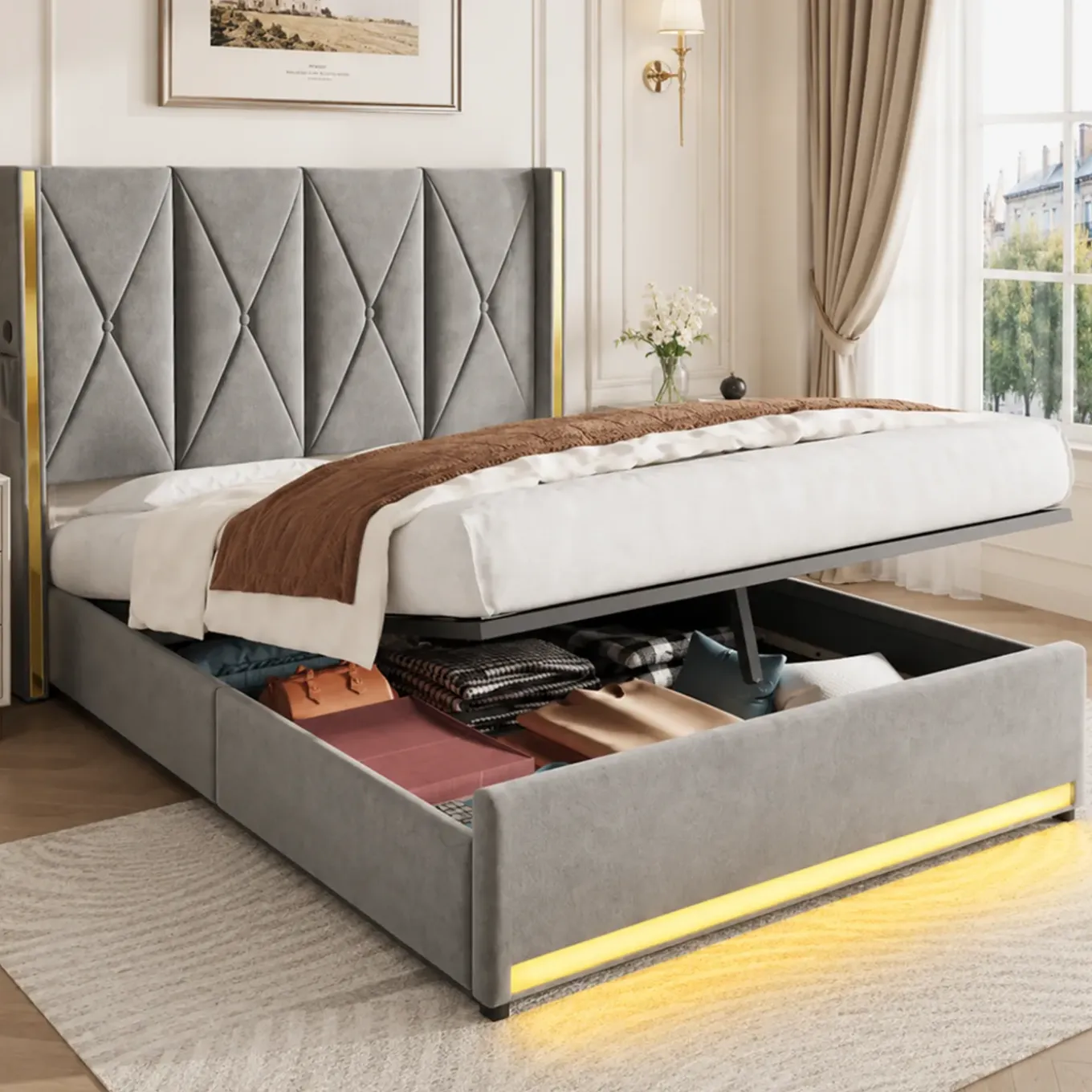 Collahausse Opbergbed-velours Grijs-160x200cm-stevig Opbergruimte Hoofdbord Design
