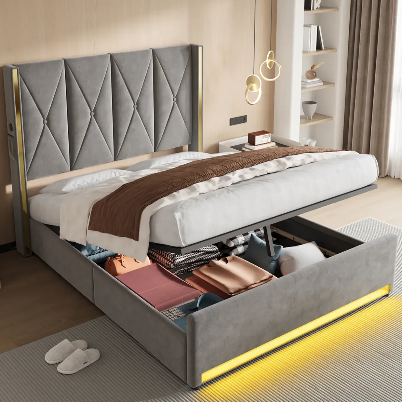 Collahausse Opbergbed-velours Grijs-160x200cm-stevig Opbergruimte Hoofdbord Design