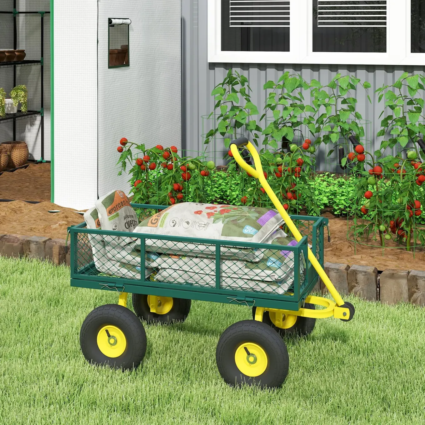 Collahausse Tuinkar - Staal Groen Geel - 104x54x51 Cm - 200 Kg Laadvermogen Verwijderbare Zijwanden
