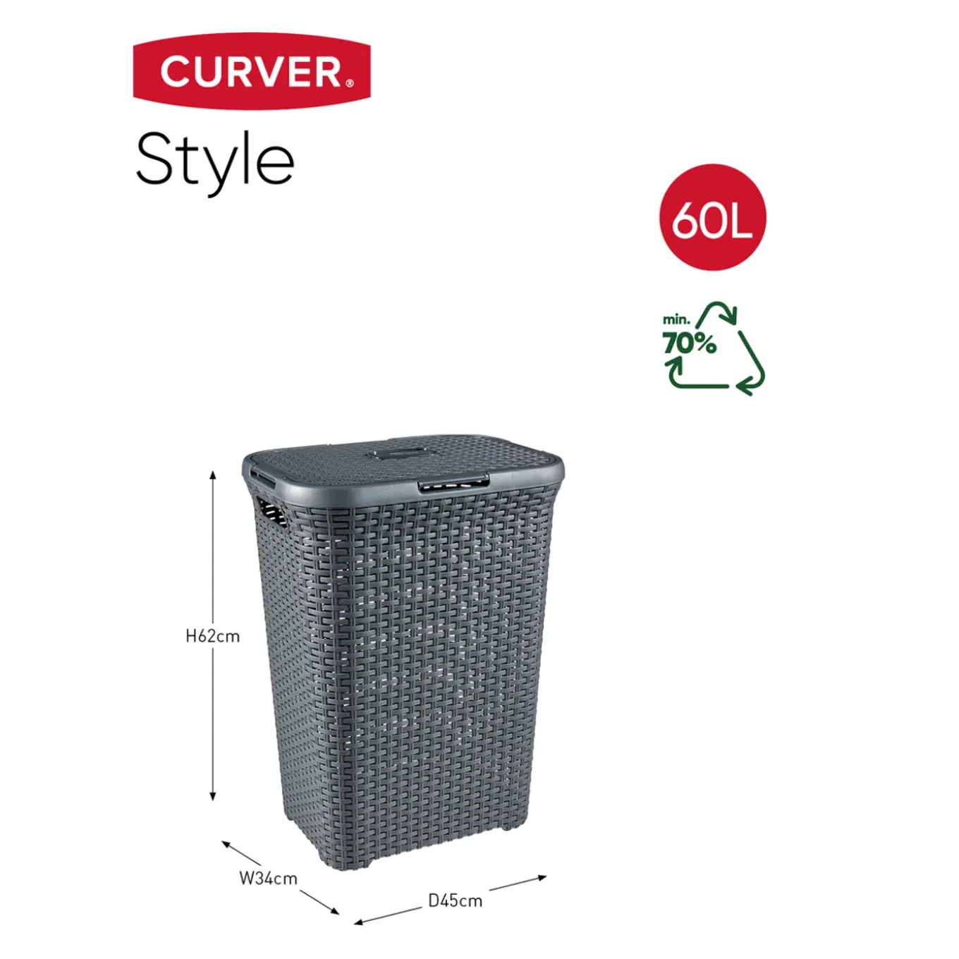 Curver Style Wasmand met Deksel 60L + Wasmand 45L - Antraciet