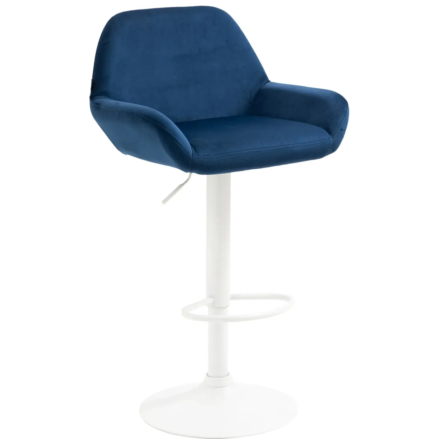 Décoshop26 Blauwe Fluwelen Barkruk Met Matwitte Metalen Trompetvoet