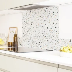 99deco - Achterwand Voor Afzuigkap In Aluminium Met Wit Terrazzo-effect - 70x60 Cm