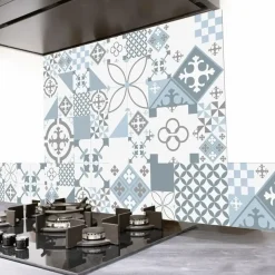 99Déco 99deco - Aluminium Afzuigkapachterwand - Blauw Cementtegel-effect - 70x60 Cm