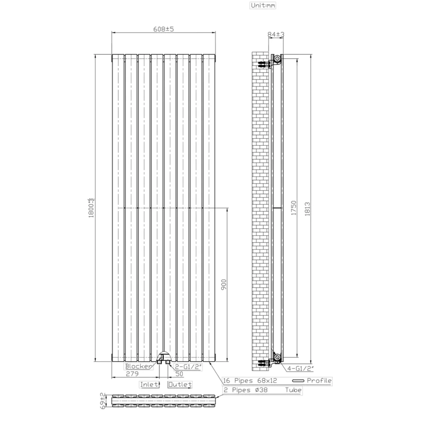 Belrad Design Radiator Verticale lamellen Maat 1800x608mm Kleur Mat Zwart Vermogen 2164 Watt