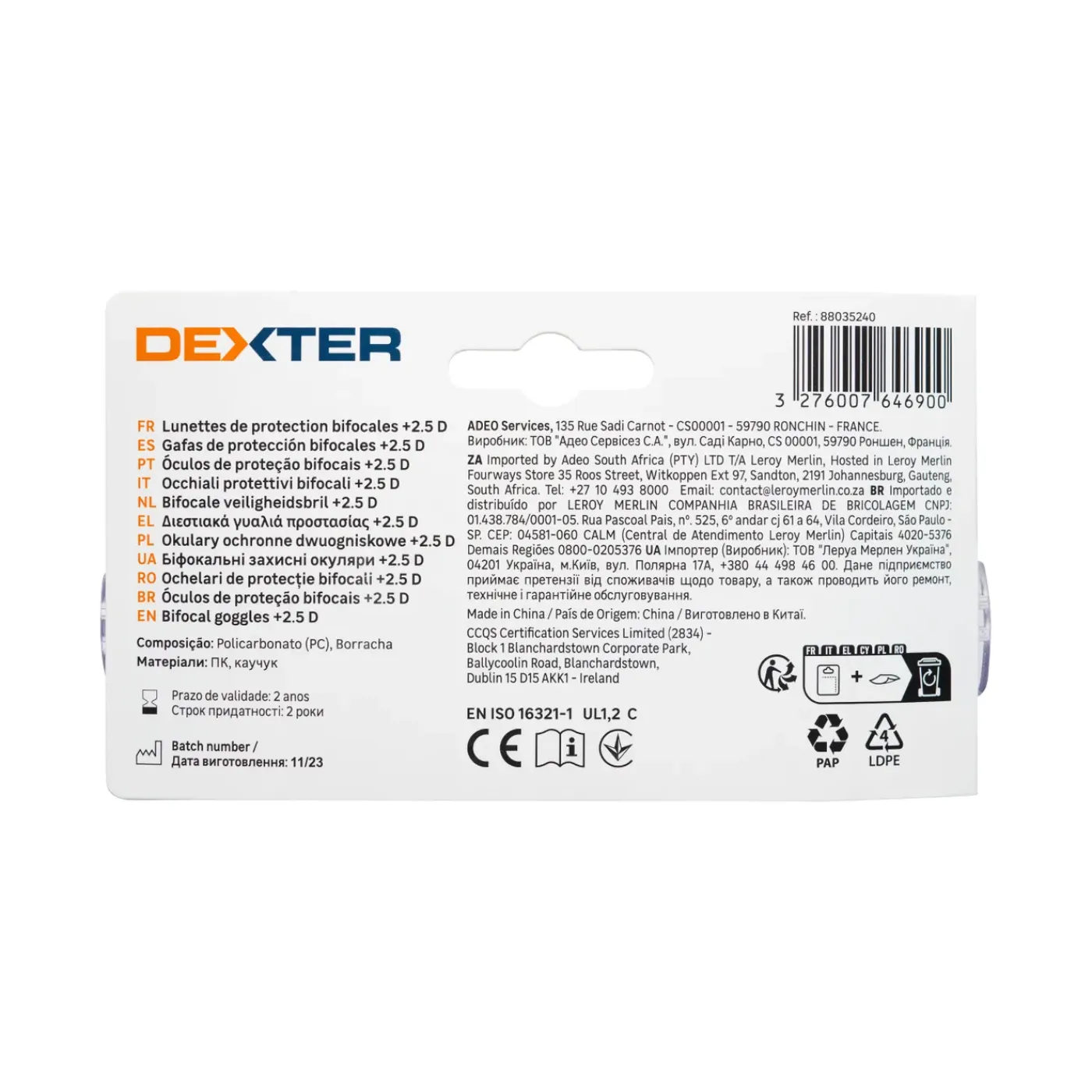 DEXTER Veiligheidsbril - Blauw - Eén maat - EN ISO 16321-1