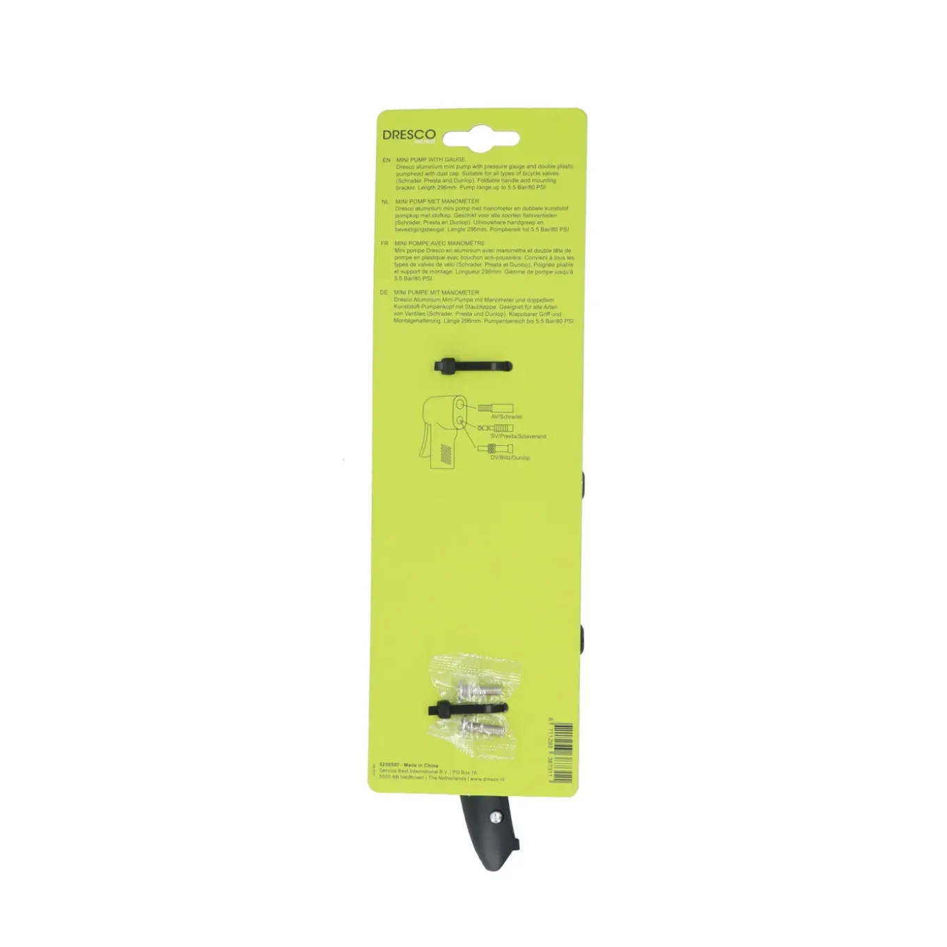 Dresco mini fietspomp met manometer 29,6cm