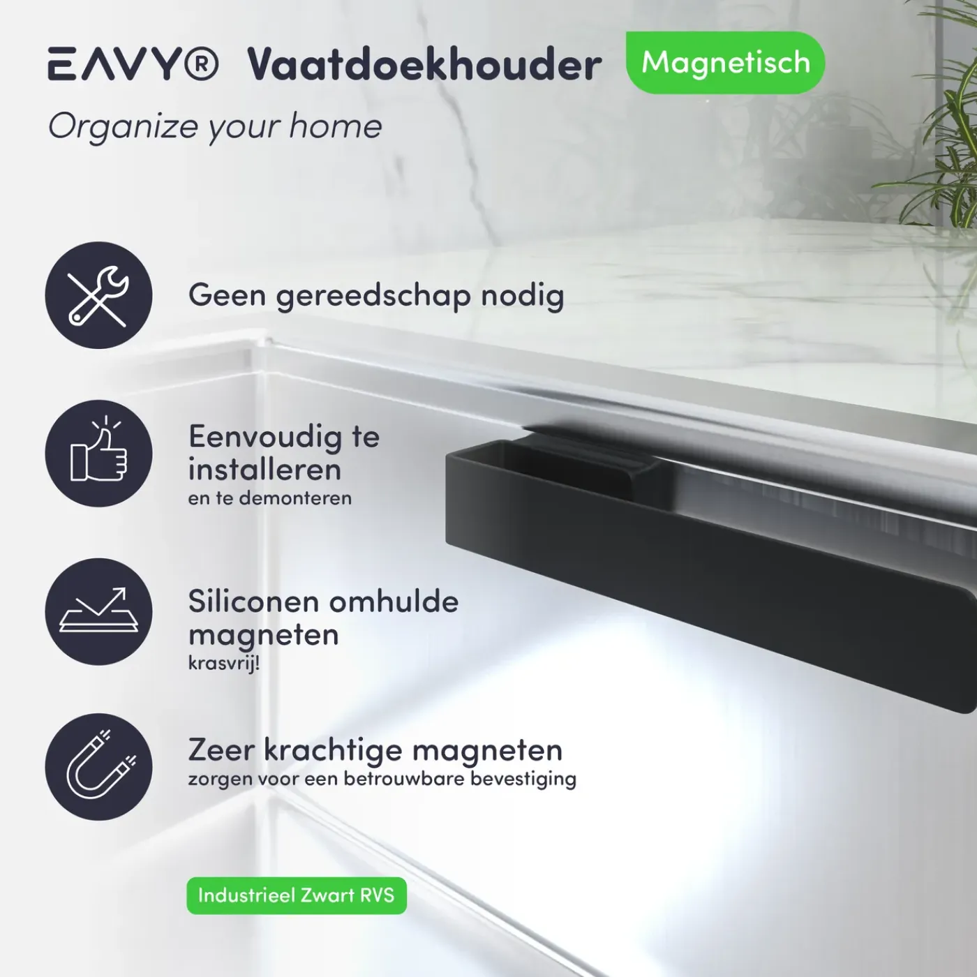 Eavy - Vaatdoekhouder Magnetisch - RVS - Zwart