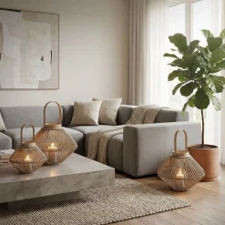 Ecd Germany Bamboe Lantaarn Houtkleur 42 Cm, Windlicht Met Glas Boho Tuinlantaarn Buiten