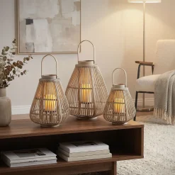 ECD Germany Bamboe Lantaarn Houtkleur 42,5 Cm, Windlicht Met Glas Boho Tuinlantaarn Buiten