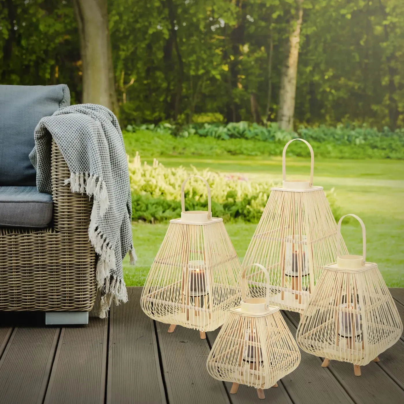 ECD Germany Bamboe Lantaarn Houtkleur 55,5 Cm, Windlicht Met Glas Boho Tuinlantaarn Buiten