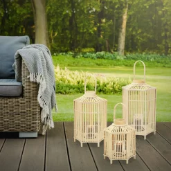 ECD Germany Bamboe Lantaarn Houtkleur 60 Cm, Windlicht Met Glas, Boho Tuinlantaarn Buiten