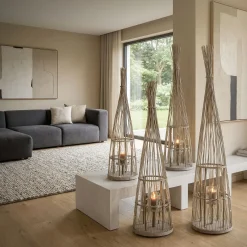 ECD Germany Bamboe Lantaarn Met Led Houtkleur 132 Cm Windlicht Met Glas Boho Tuinlantaarn