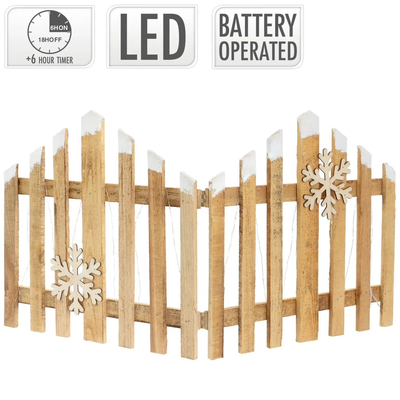 ECD Germany Decoratief Houten Mini-tuinhek 77x38 Cm Met 30 Warm Witte Led Sneeuwvlokken