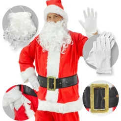 ECD Germany 9-Delig Kerstmankostuum met hoed, baard, riem en handschoenen, één maat S-XL
