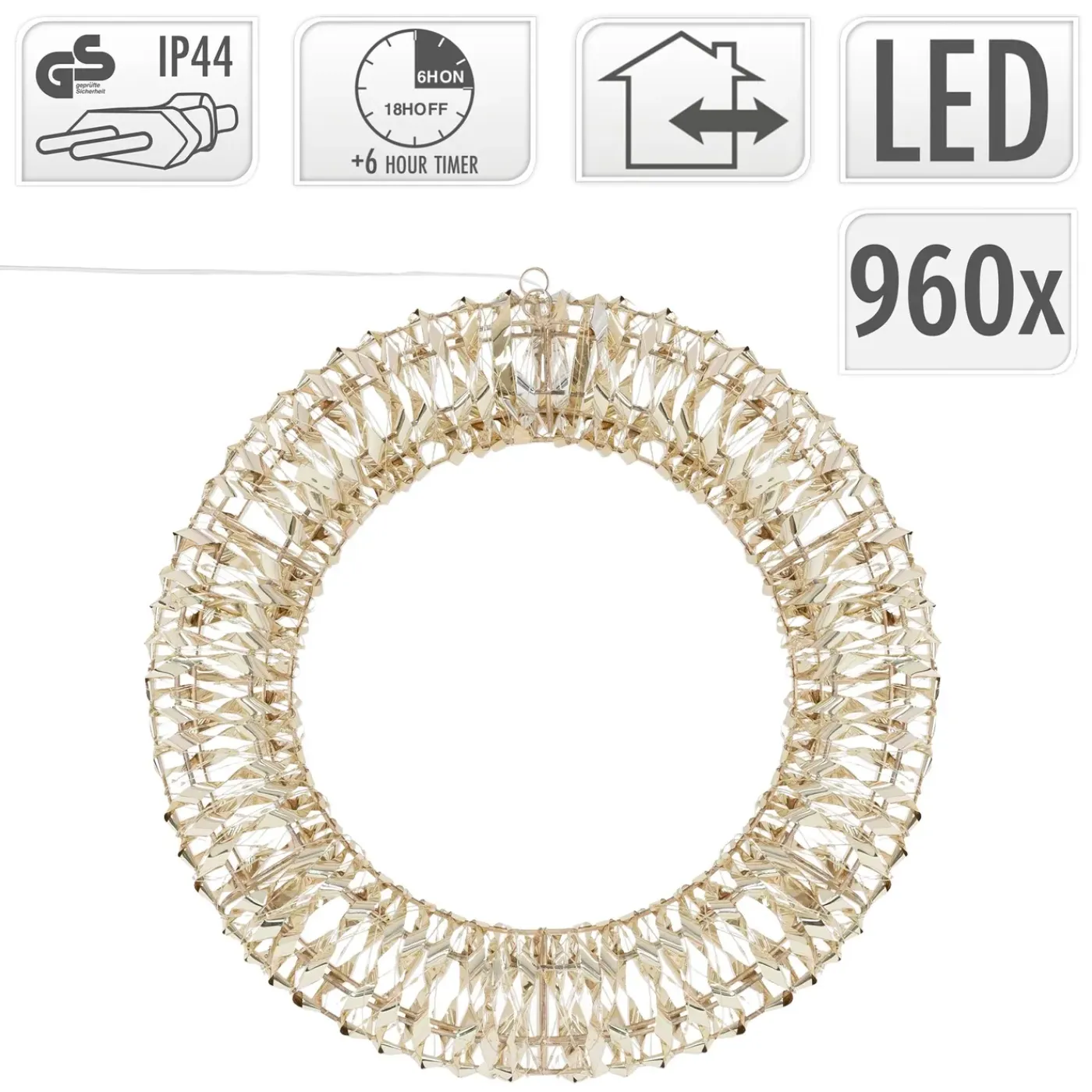 ECD Germany LED kerstkrans Ø58cm met 960 warm witte micro LED's &timer, IP44