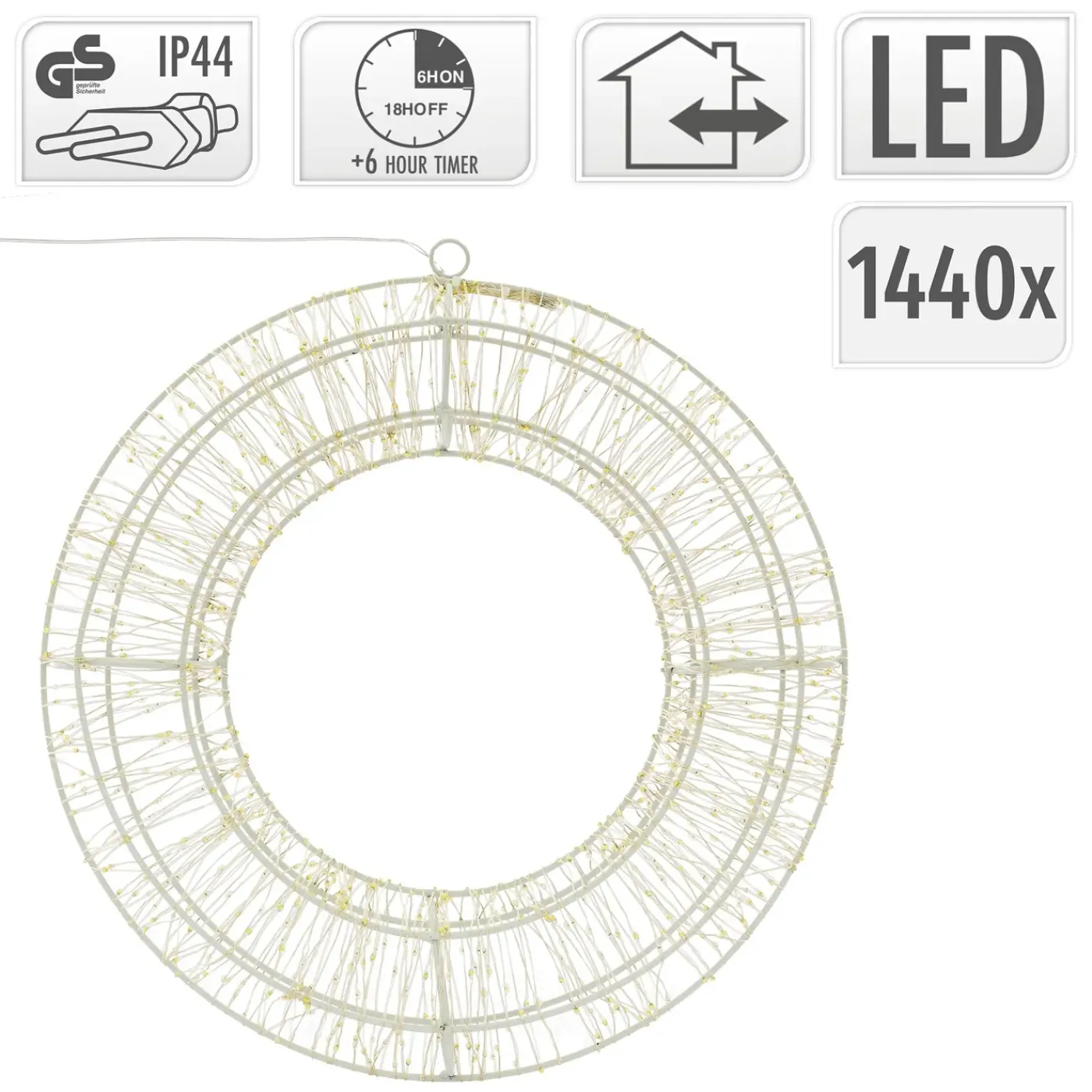 ECD Germany LED metalen krans Ø50cm met 1440 LED's, warm wit, hangende krans met timer
