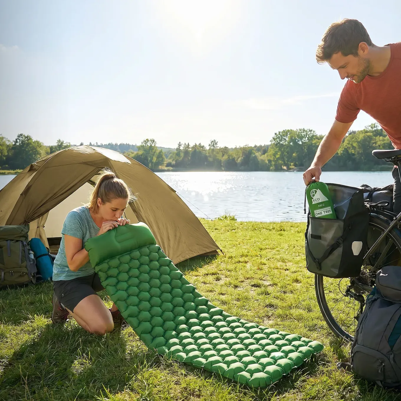 Ecd Germany Luchtbed Groen Opblaasbaar Campingmatras Ultralichte Slaapmat Met Kussen