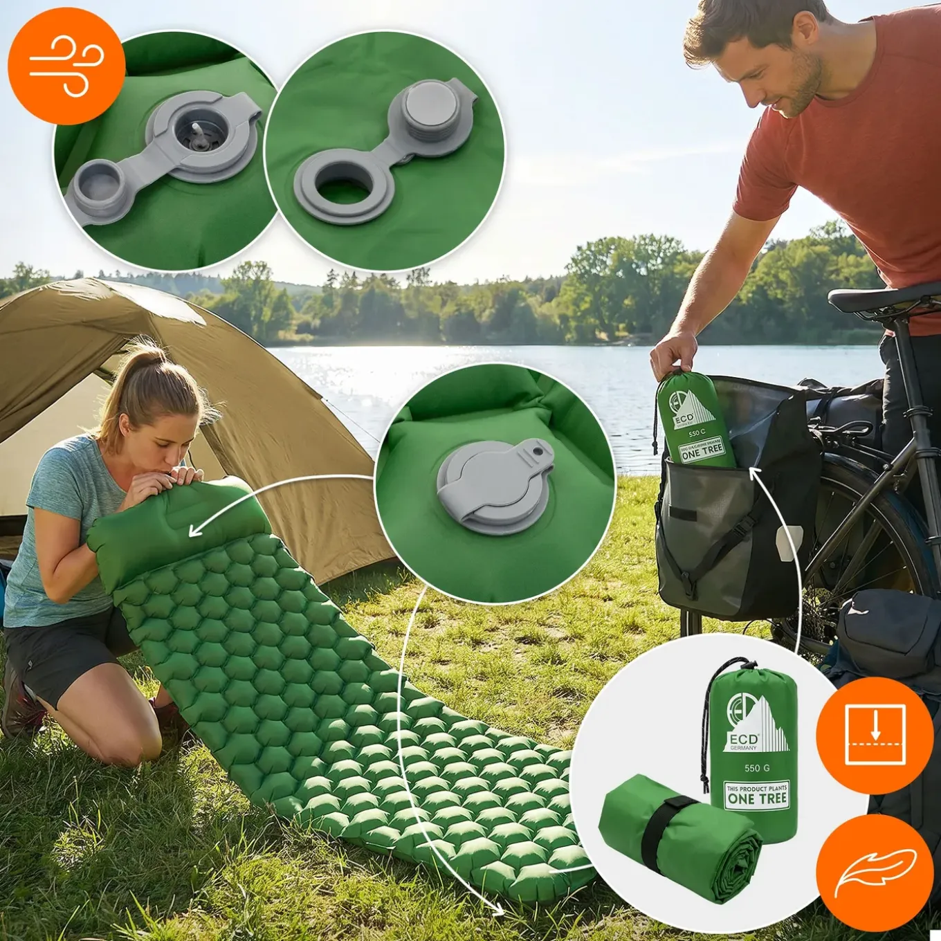 Ecd Germany Luchtbed Groen Opblaasbaar Campingmatras Ultralichte Slaapmat Met Kussen