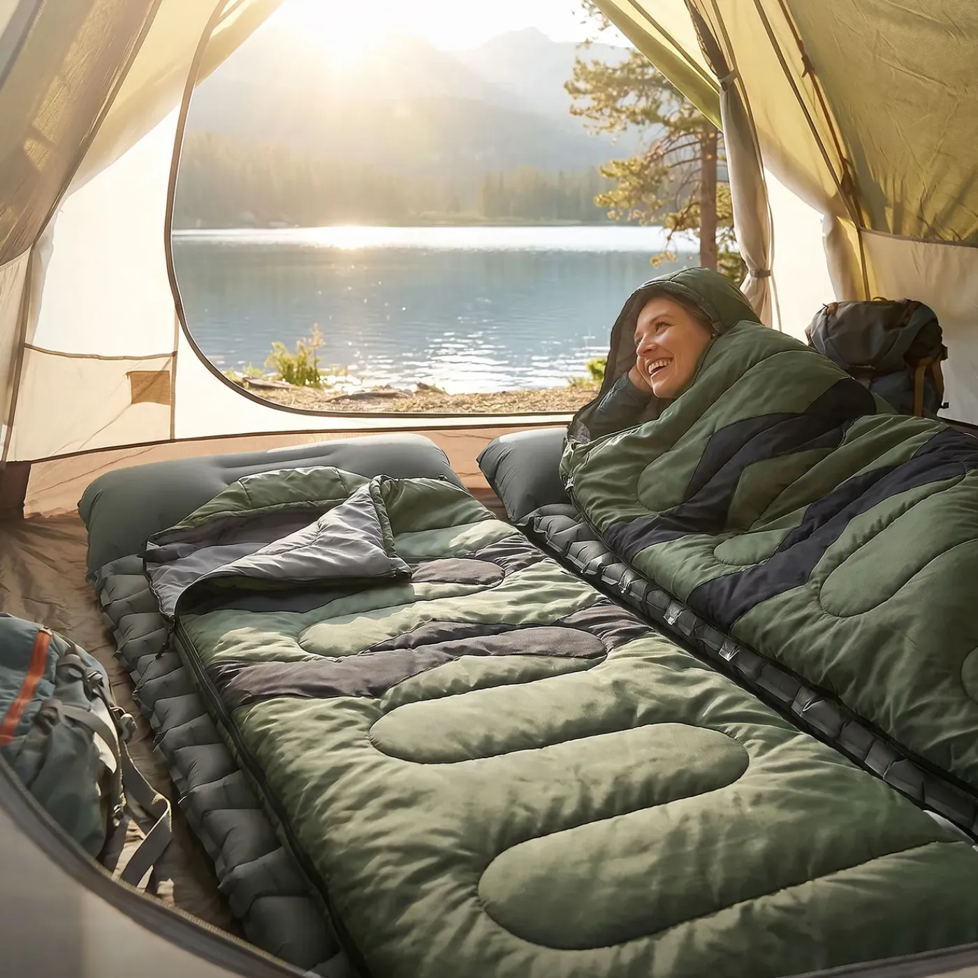ECD Germany Slaapzak Outdoor Khaki 210 Cm 3-seizoenen Compacte Kampeerdeken Warm