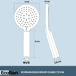 EcoRain 50% Waterbesparende Douchekop Charly 13 Cm Chroom - 3 Standen Handdouche-luxe Regendouchekop
