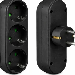 Elektrawebshop Stopcontact Stekker 3 Voudig Zwart Horizontaal Met Randaarde - 226661