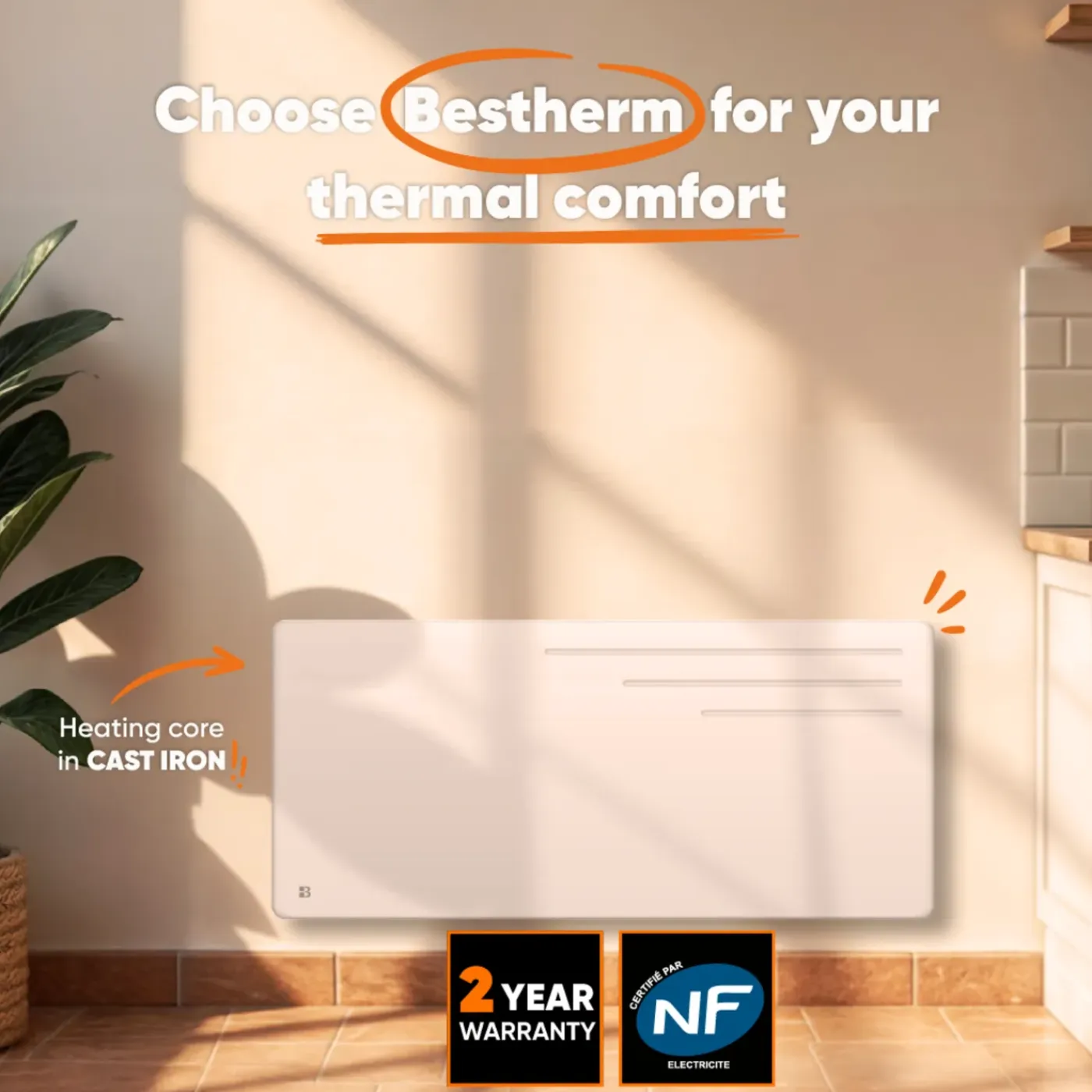 BESTHERM Elektrische Gietijzeren Warmteopslagradiator - - Wandmodel - 2000 W - Wit - Motu