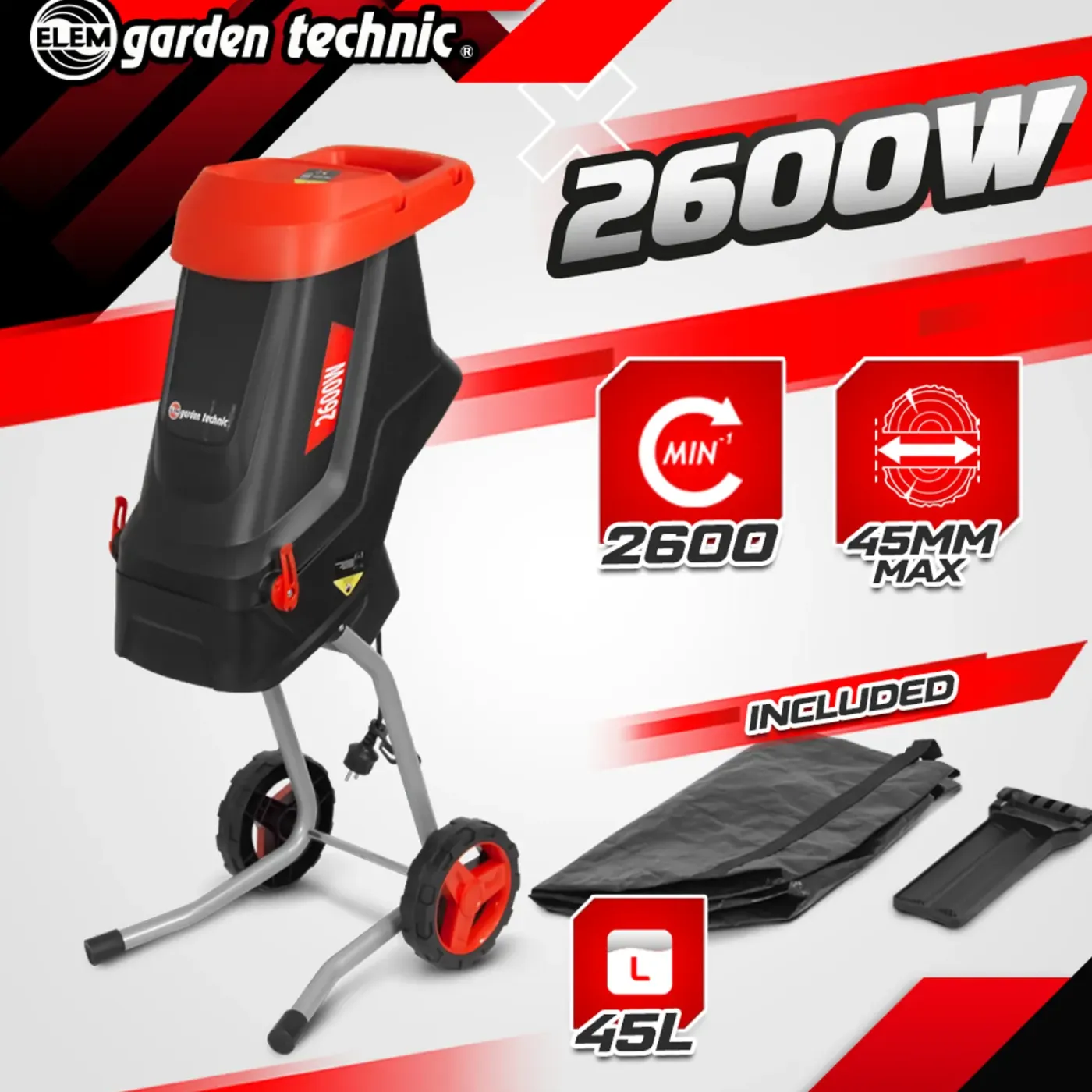 ELEM Garden Technic - 2600w Elektrische Hakselaar Met 45l Zak