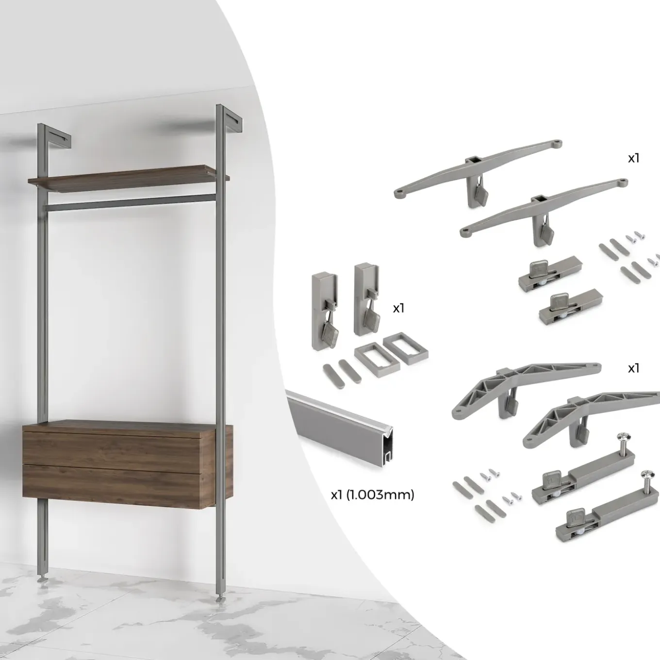 Emuca Kit Van Beugelset Voor 1 Houten Plank, 1 Module En 1 Hangstang Lengte 1m Zero, Zamak