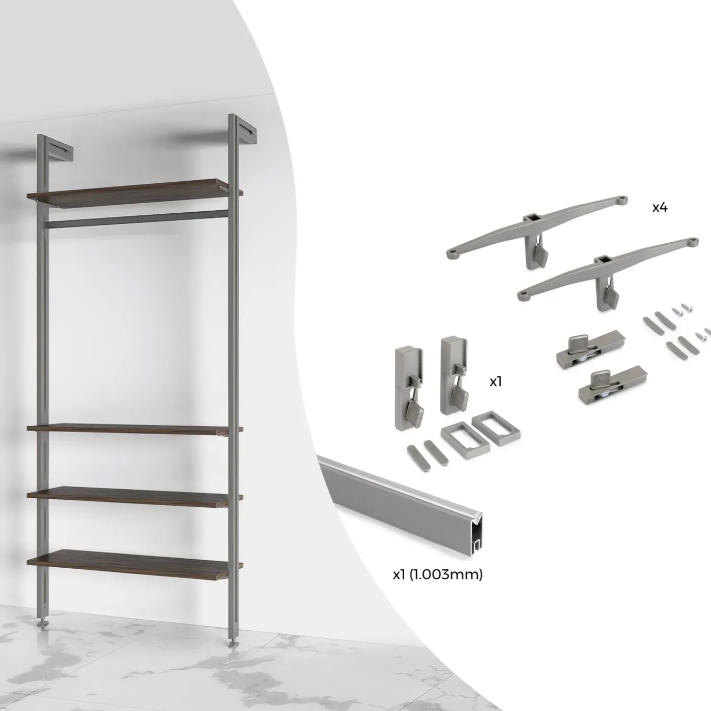 Emuca Kit Van Beugelset Voor 4 Houten Planken En 1 Hangstang Van 1m Lang Zero, Aluminium En Zamak