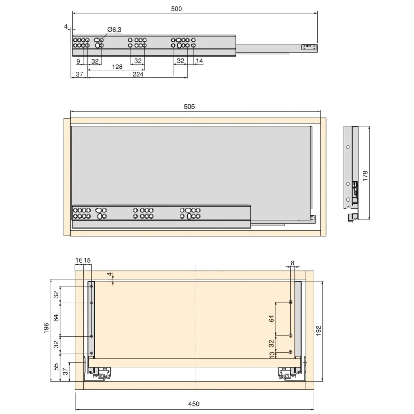 Emuca Kit Van Vertex Keuken- Of Badkamerlade Kit, Hoogte 178mm, Met Legplanken, Module 450mm