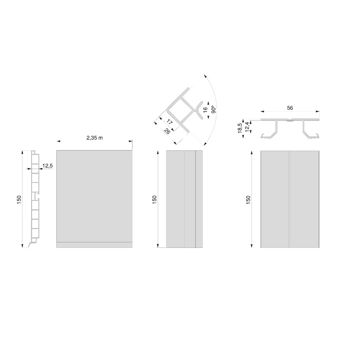 Emuca Lot Van 2 Plasline Keukenplinten Met Verbindingsbeslag, Hoogte 150mm, 2 Staven Lengte 2,35m