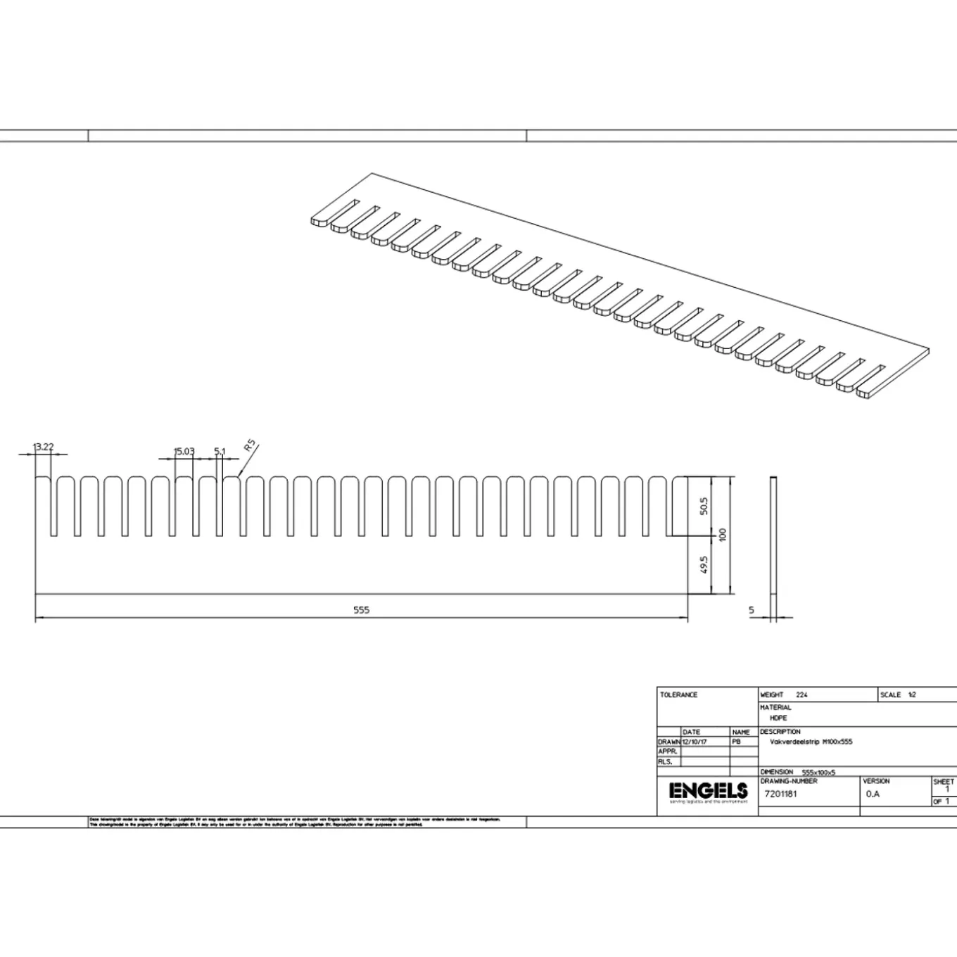 Engels zwarte vakverdelingsstrip – 355x100x5 mm, PP kunststof