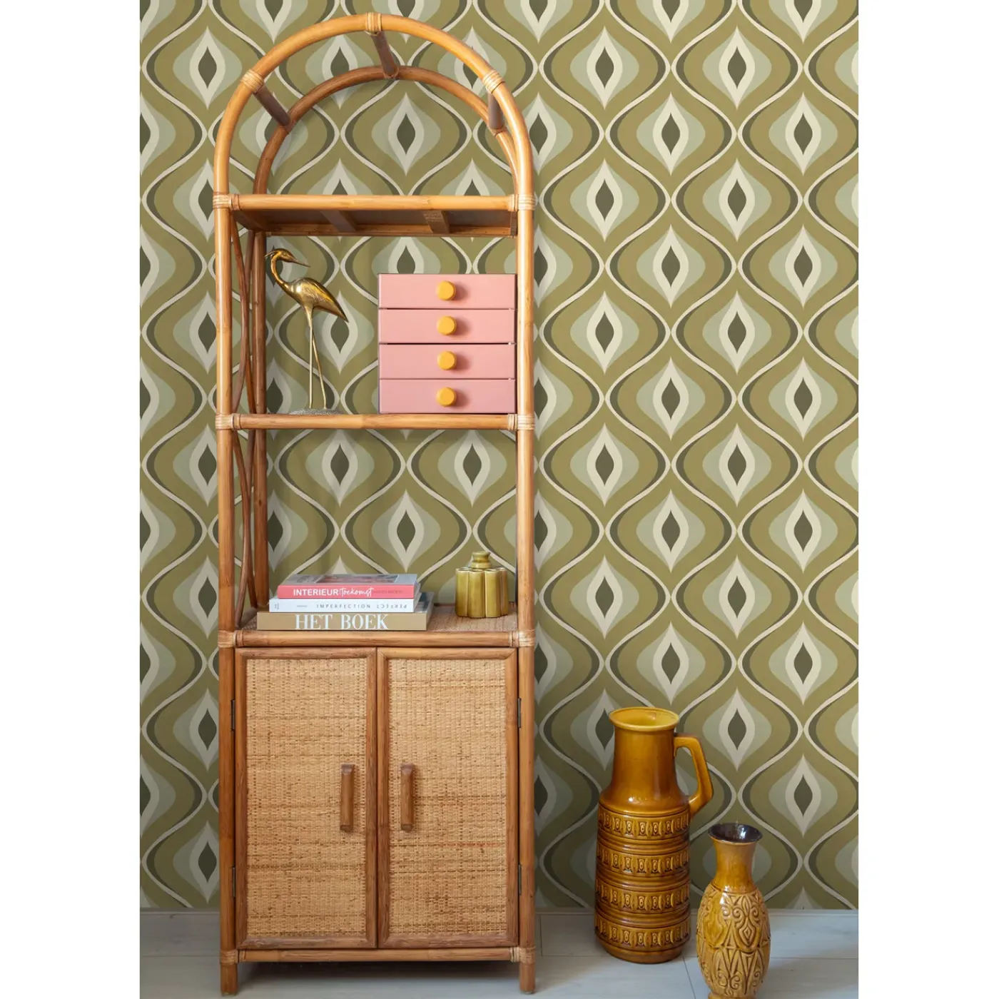 ESTAhome Behang Retro Ornamenten Vergrijsd Groen - 53 Cm X 10.05 M - 130987