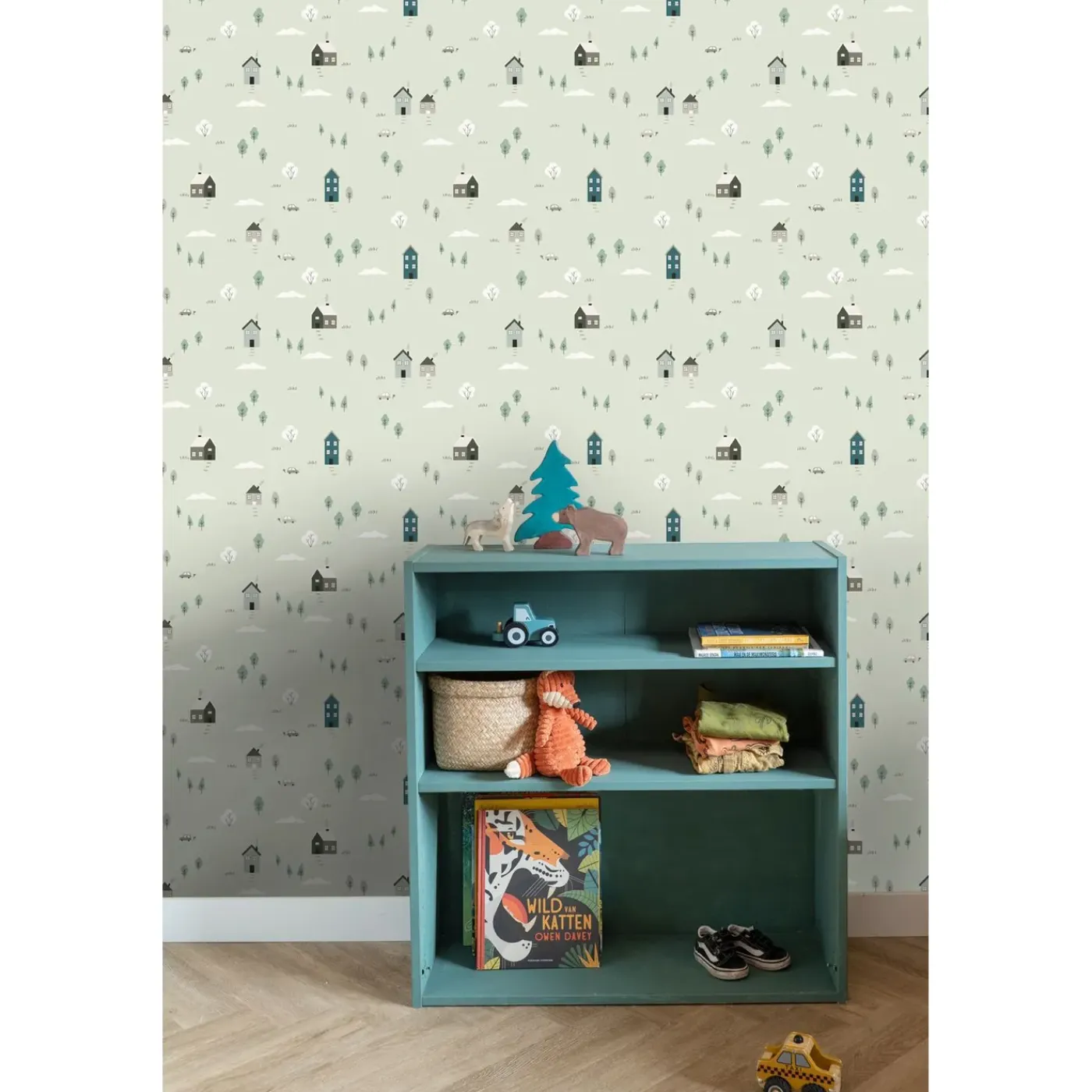 ESTAhome Behang Schattige Huisjes Groen En Blauw - 50 X 900 Cm - 132309