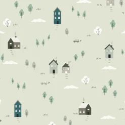 ESTAhome Behang Schattige Huisjes Groen En Blauw - 50 X 900 Cm - 132309